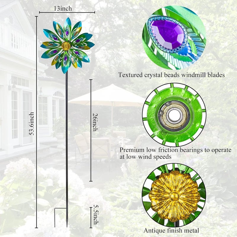 VEWOSTAR 53 Inch Wind Spinner - Outdoor Metal Peacock Wind Sculptures for Garden, Patio, Yard, Lawn Decorations Double Windmill Spinner - Image 4